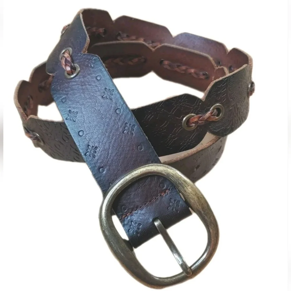 Fossil Tooled Leather Belt Dark Brown Braided Plus 36